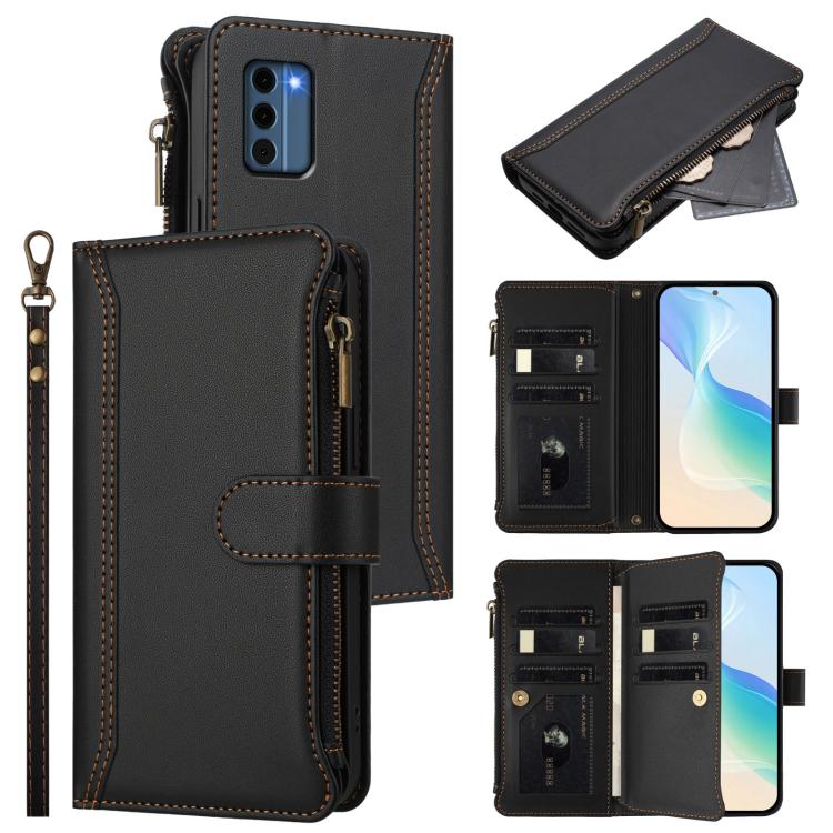 Magnetic Closure 9 Card Slots Zipper Leather Case with Hand Strap, For Nokia G42 / G310, For Nokia C300, For Nokia C22, For Nokia C12, For Nokia G22, For Nokia C32, For Nokia C02, For Nokia X30 5G