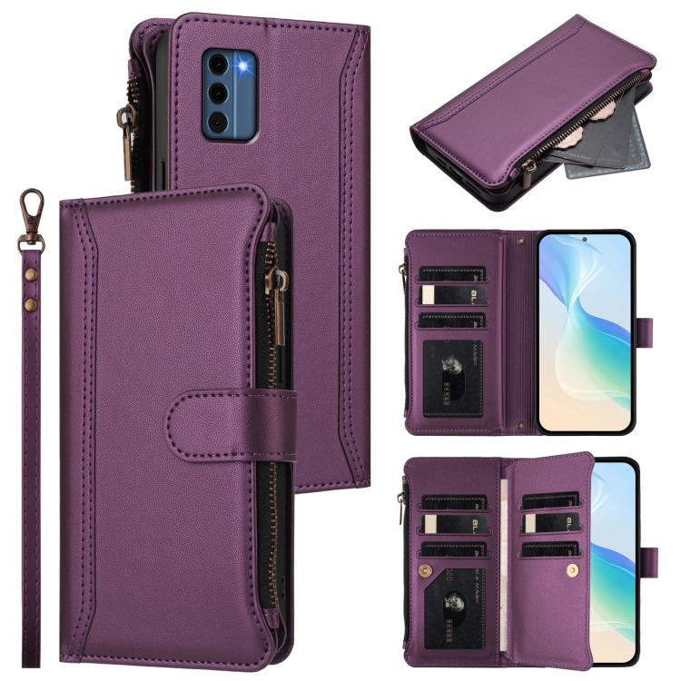 Magnetic Closure 9 Card Slots Zipper Leather Case with Hand Strap, For Nokia G42 / G310, For Nokia C300, For Nokia C22, For Nokia C12, For Nokia G22, For Nokia C32, For Nokia C02, For Nokia X30 5G