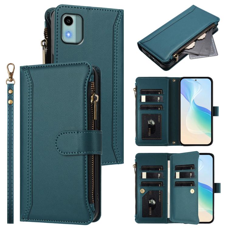 Magnetic Closure 9 Card Slots Zipper Leather Case with Hand Strap, For Nokia G42 / G310, For Nokia C300, For Nokia C22, For Nokia C12, For Nokia G22, For Nokia C32, For Nokia C02, For Nokia X30 5G