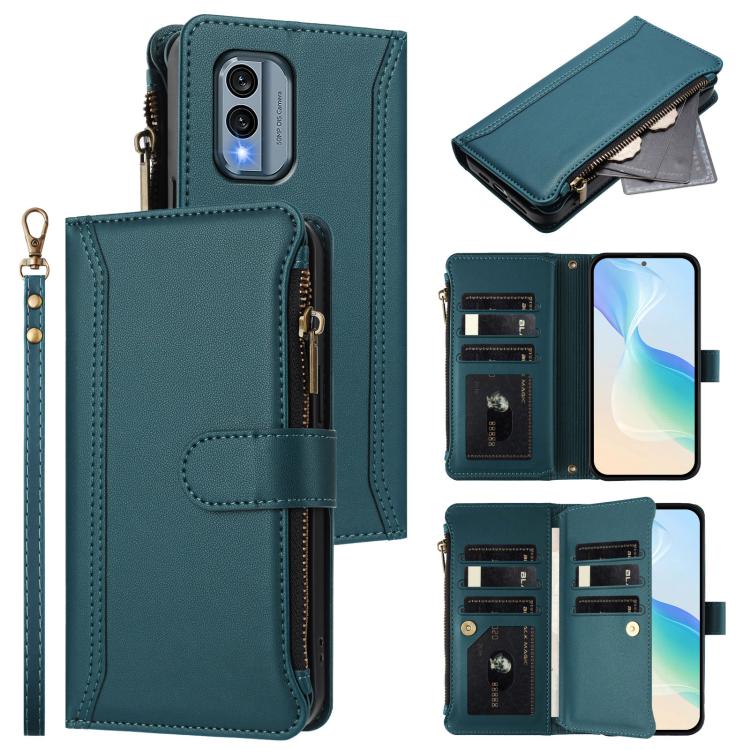 Magnetic Closure 9 Card Slots Zipper Leather Case with Hand Strap, For Nokia G42 / G310, For Nokia C300, For Nokia C22, For Nokia C12, For Nokia G22, For Nokia C32, For Nokia C02, For Nokia X30 5G