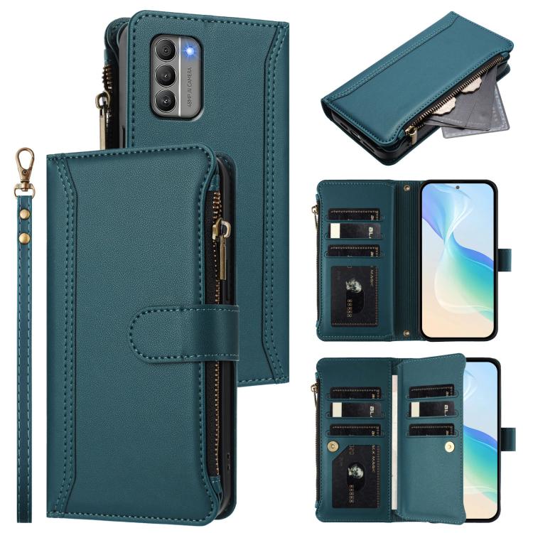 Magnetic Closure 9 Card Slots Zipper Leather Case with Hand Strap, For Nokia G400, For Nokia G11 4G / G21 4G, For Nokia C30, For Nokia C01 Plus / C1 2nd Edition, For Nokia XR20, For Nokia C10 / C20, For Nokia X20 / X10, For Nokia 6.3 / G20 / G10