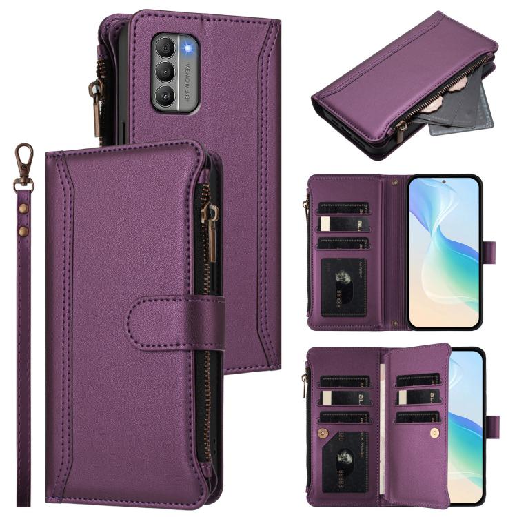 Magnetic Closure 9 Card Slots Zipper Leather Case with Hand Strap, For Nokia G400, For Nokia G11 4G / G21 4G, For Nokia C30, For Nokia C01 Plus / C1 2nd Edition, For Nokia XR20, For Nokia C10 / C20, For Nokia X20 / X10, For Nokia 6.3 / G20 / G10