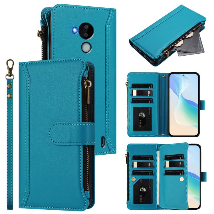 Magnetic Closure 9 Card Slots Zipper Leather Case with Hand Strap, For Nokia G400, For Nokia G11 4G / G21 4G, For Nokia C30, For Nokia C01 Plus / C1 2nd Edition, For Nokia XR20, For Nokia C10 / C20, For Nokia X20 / X10, For Nokia 6.3 / G20 / G10