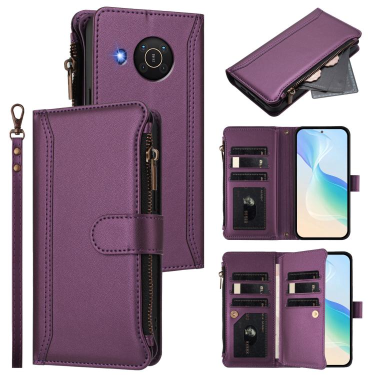 Magnetic Closure 9 Card Slots Zipper Leather Case with Hand Strap, For Nokia G400, For Nokia G11 4G / G21 4G, For Nokia C30, For Nokia C01 Plus / C1 2nd Edition, For Nokia XR20, For Nokia C10 / C20, For Nokia X20 / X10, For Nokia 6.3 / G20 / G10
