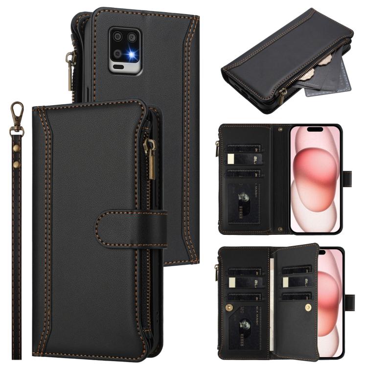 Magnetic Closure 9 Card Slots Zipper Leather Case with Hand Strap, For Sharp Aquos wish4, For Sharp Aquos R9 SH-51E, For Sharp Aquos Sense8 SHG11 / SH-54D, For Sharp Aquos Wish3, For Sharp Aquos R7, For Sharp Aquos Air / zero6, For Sharp Aquos R6