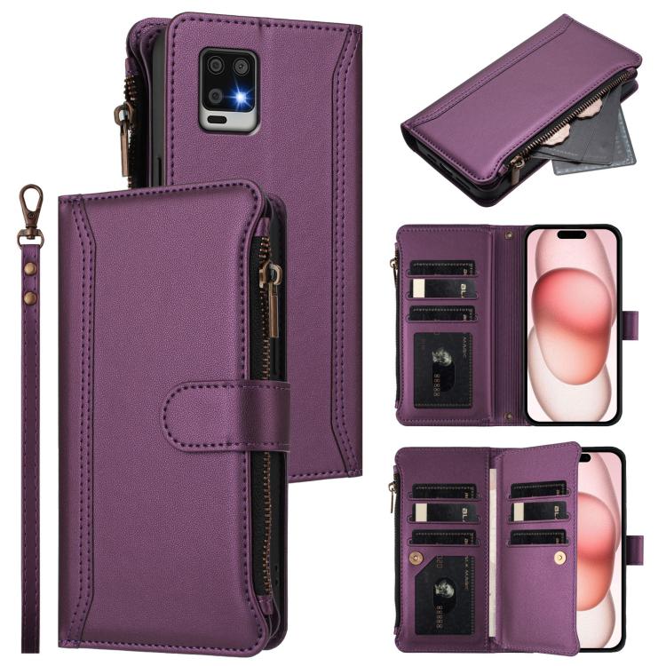 Magnetic Closure 9 Card Slots Zipper Leather Case with Hand Strap, For Sharp Aquos wish4, For Sharp Aquos R9 SH-51E, For Sharp Aquos Sense8 SHG11 / SH-54D, For Sharp Aquos Wish3, For Sharp Aquos R7, For Sharp Aquos Air / zero6, For Sharp Aquos R6
