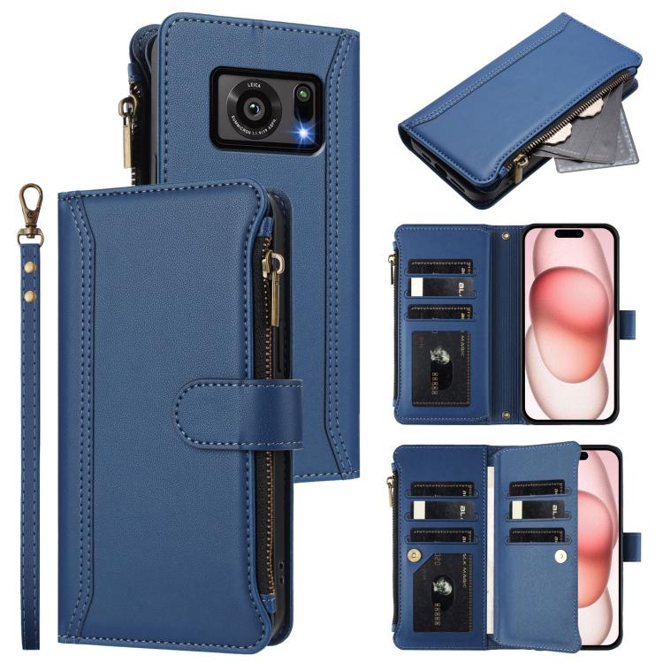 Magnetic Closure 9 Card Slots Zipper Leather Case with Hand Strap, For Sharp Aquos wish4, For Sharp Aquos R9 SH-51E, For Sharp Aquos Sense8 SHG11 / SH-54D, For Sharp Aquos Wish3, For Sharp Aquos R7, For Sharp Aquos Air / zero6, For Sharp Aquos R6