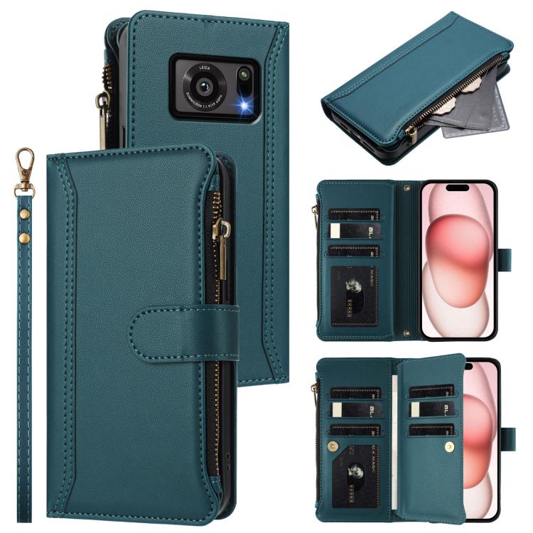 Magnetic Closure 9 Card Slots Zipper Leather Case with Hand Strap, For Sharp Aquos wish4, For Sharp Aquos R9 SH-51E, For Sharp Aquos Sense8 SHG11 / SH-54D, For Sharp Aquos Wish3, For Sharp Aquos R7, For Sharp Aquos Air / zero6, For Sharp Aquos R6