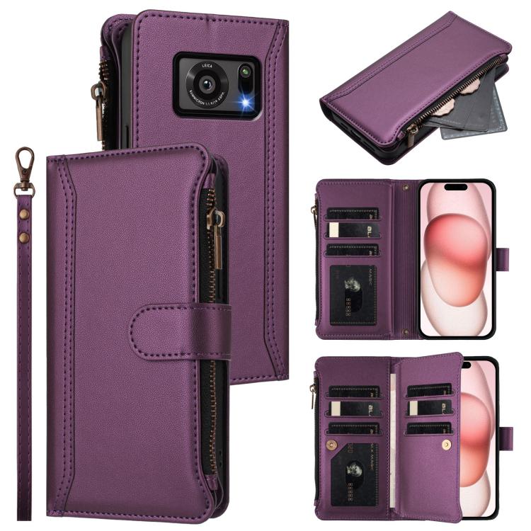 Magnetic Closure 9 Card Slots Zipper Leather Case with Hand Strap, For Sharp Aquos wish4, For Sharp Aquos R9 SH-51E, For Sharp Aquos Sense8 SHG11 / SH-54D, For Sharp Aquos Wish3, For Sharp Aquos R7, For Sharp Aquos Air / zero6, For Sharp Aquos R6