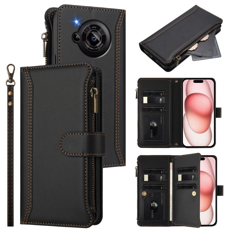 Magnetic Closure 9 Card Slots Zipper Leather Case with Hand Strap, For Sharp Aquos wish4, For Sharp Aquos R9 SH-51E, For Sharp Aquos Sense8 SHG11 / SH-54D, For Sharp Aquos Wish3, For Sharp Aquos R7, For Sharp Aquos Air / zero6, For Sharp Aquos R6
