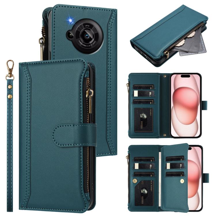 Magnetic Closure 9 Card Slots Zipper Leather Case with Hand Strap, For Sharp Aquos wish4, For Sharp Aquos R9 SH-51E, For Sharp Aquos Sense8 SHG11 / SH-54D, For Sharp Aquos Wish3, For Sharp Aquos R7, For Sharp Aquos Air / zero6, For Sharp Aquos R6