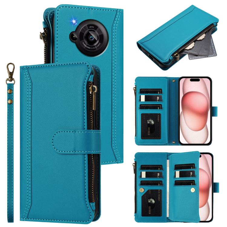 Magnetic Closure 9 Card Slots Zipper Leather Case with Hand Strap, For Sharp Aquos wish4, For Sharp Aquos R9 SH-51E, For Sharp Aquos Sense8 SHG11 / SH-54D, For Sharp Aquos Wish3, For Sharp Aquos R7, For Sharp Aquos Air / zero6, For Sharp Aquos R6
