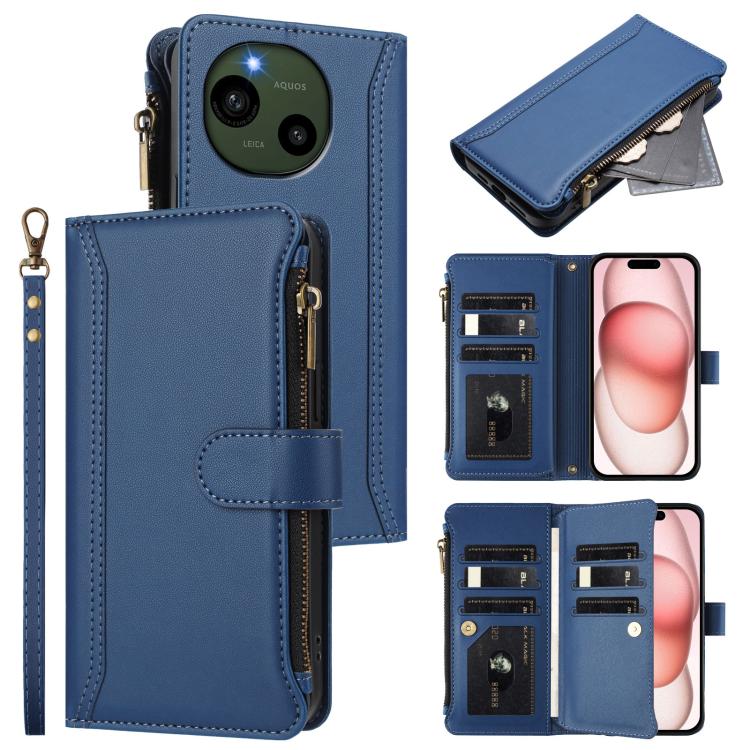 Magnetic Closure 9 Card Slots Zipper Leather Case with Hand Strap, For Sharp Aquos wish4, For Sharp Aquos R9 SH-51E, For Sharp Aquos Sense8 SHG11 / SH-54D, For Sharp Aquos Wish3, For Sharp Aquos R7, For Sharp Aquos Air / zero6, For Sharp Aquos R6
