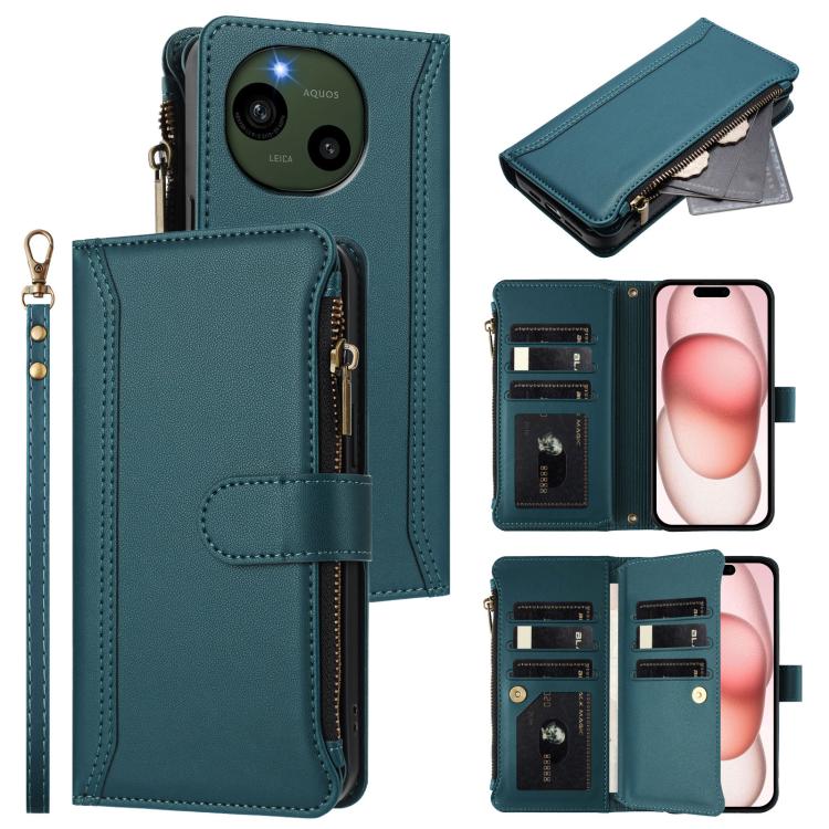 Magnetic Closure 9 Card Slots Zipper Leather Case with Hand Strap, For Sharp Aquos wish4, For Sharp Aquos R9 SH-51E, For Sharp Aquos Sense8 SHG11 / SH-54D, For Sharp Aquos Wish3, For Sharp Aquos R7, For Sharp Aquos Air / zero6, For Sharp Aquos R6