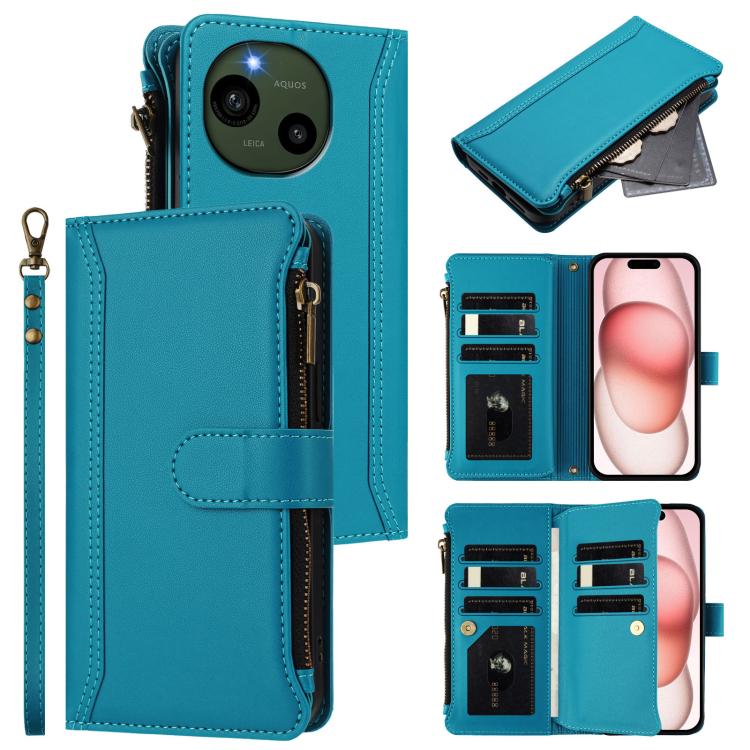 Magnetic Closure 9 Card Slots Zipper Leather Case with Hand Strap, For Sharp Aquos wish4, For Sharp Aquos R9 SH-51E, For Sharp Aquos Sense8 SHG11 / SH-54D, For Sharp Aquos Wish3, For Sharp Aquos R7, For Sharp Aquos Air / zero6, For Sharp Aquos R6