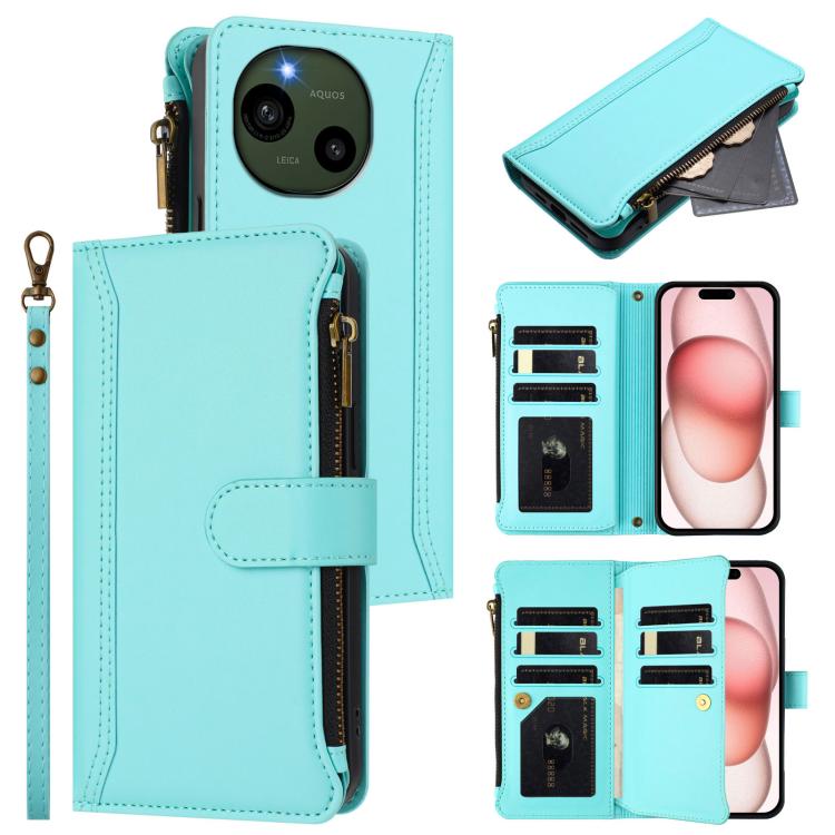 Magnetic Closure 9 Card Slots Zipper Leather Case with Hand Strap, For Sharp Aquos wish4, For Sharp Aquos R9 SH-51E, For Sharp Aquos Sense8 SHG11 / SH-54D, For Sharp Aquos Wish3, For Sharp Aquos R7, For Sharp Aquos Air / zero6, For Sharp Aquos R6