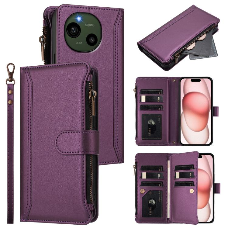 Magnetic Closure 9 Card Slots Zipper Leather Case with Hand Strap, For Sharp Aquos wish4, For Sharp Aquos R9 SH-51E, For Sharp Aquos Sense8 SHG11 / SH-54D, For Sharp Aquos Wish3, For Sharp Aquos R7, For Sharp Aquos Air / zero6, For Sharp Aquos R6