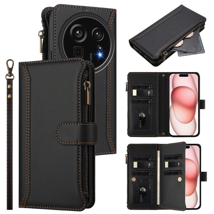 Magnetic Closure 9 Card Slots Zipper Leather Case with Hand Strap, For Sharp Aquos wish6, For Sharp Aquos R11, For Sharp Aquos Sense10, For Sharp Aquos R10, For Sharp Aquos wish5, For Sharp Aquos sense9 Plus, For Sharp Aquos sense9, For Sharp Aquos R9 Pro