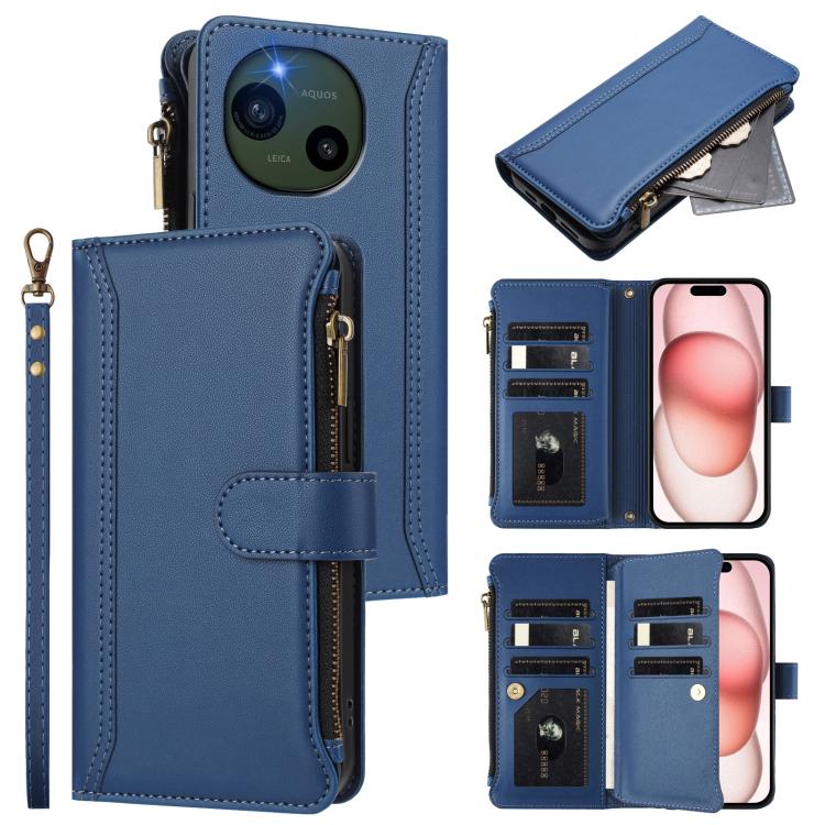 Magnetic Closure 9 Card Slots Zipper Leather Case with Hand Strap, For Sharp Aquos wish6, For Sharp Aquos R11, For Sharp Aquos Sense10, For Sharp Aquos R10, For Sharp Aquos wish5, For Sharp Aquos sense9 Plus, For Sharp Aquos sense9, For Sharp Aquos R9 Pro