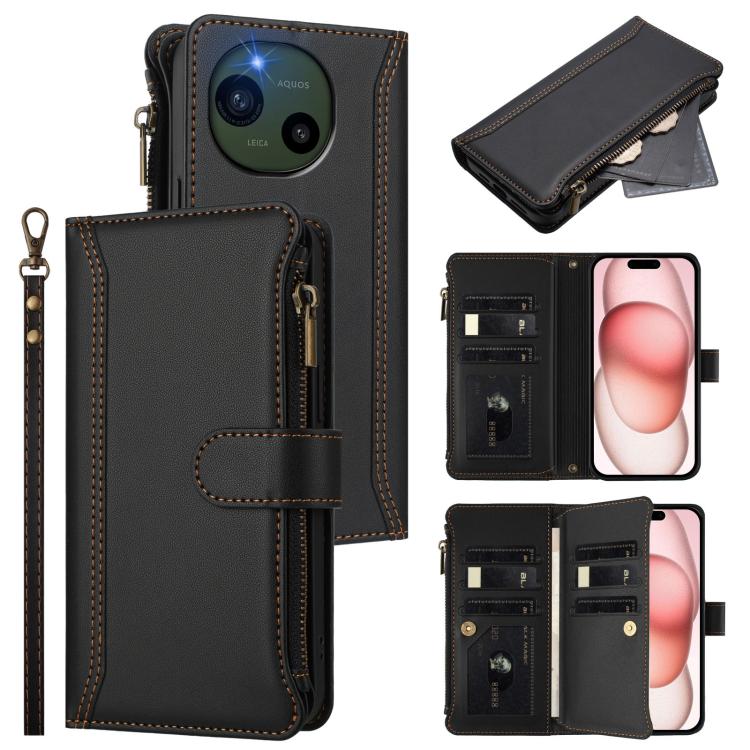 Magnetic Closure 9 Card Slots Zipper Leather Case with Hand Strap, For Sharp Aquos wish6, For Sharp Aquos R11, For Sharp Aquos Sense10, For Sharp Aquos R10, For Sharp Aquos wish5, For Sharp Aquos sense9 Plus, For Sharp Aquos sense9, For Sharp Aquos R9 Pro