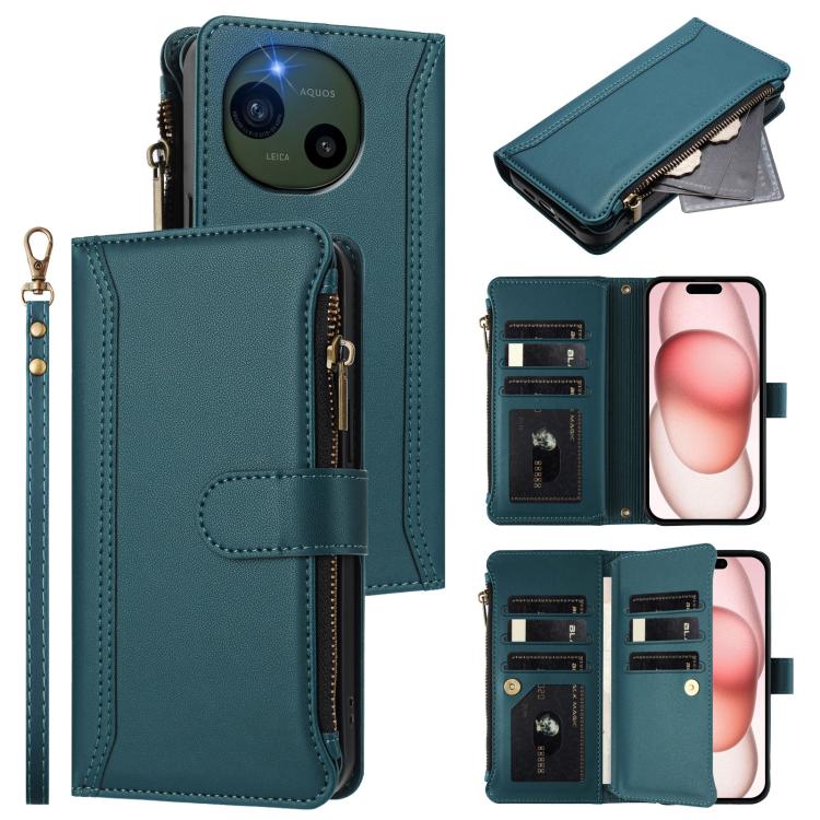 Magnetic Closure 9 Card Slots Zipper Leather Case with Hand Strap, For Sharp Aquos wish6, For Sharp Aquos R11, For Sharp Aquos Sense10, For Sharp Aquos R10, For Sharp Aquos wish5, For Sharp Aquos sense9 Plus, For Sharp Aquos sense9, For Sharp Aquos R9 Pro
