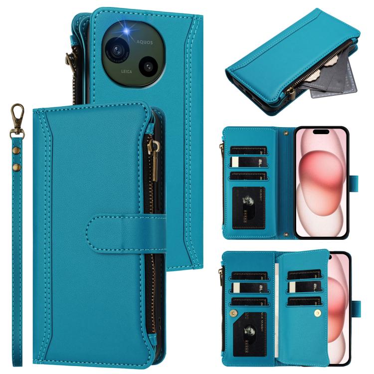 Magnetic Closure 9 Card Slots Zipper Leather Case with Hand Strap, For Sharp Aquos wish6, For Sharp Aquos R11, For Sharp Aquos Sense10, For Sharp Aquos R10, For Sharp Aquos wish5, For Sharp Aquos sense9 Plus, For Sharp Aquos sense9, For Sharp Aquos R9 Pro