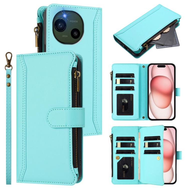 Magnetic Closure 9 Card Slots Zipper Leather Case with Hand Strap, For Sharp Aquos wish6, For Sharp Aquos R11, For Sharp Aquos Sense10, For Sharp Aquos R10, For Sharp Aquos wish5, For Sharp Aquos sense9 Plus, For Sharp Aquos sense9, For Sharp Aquos R9 Pro