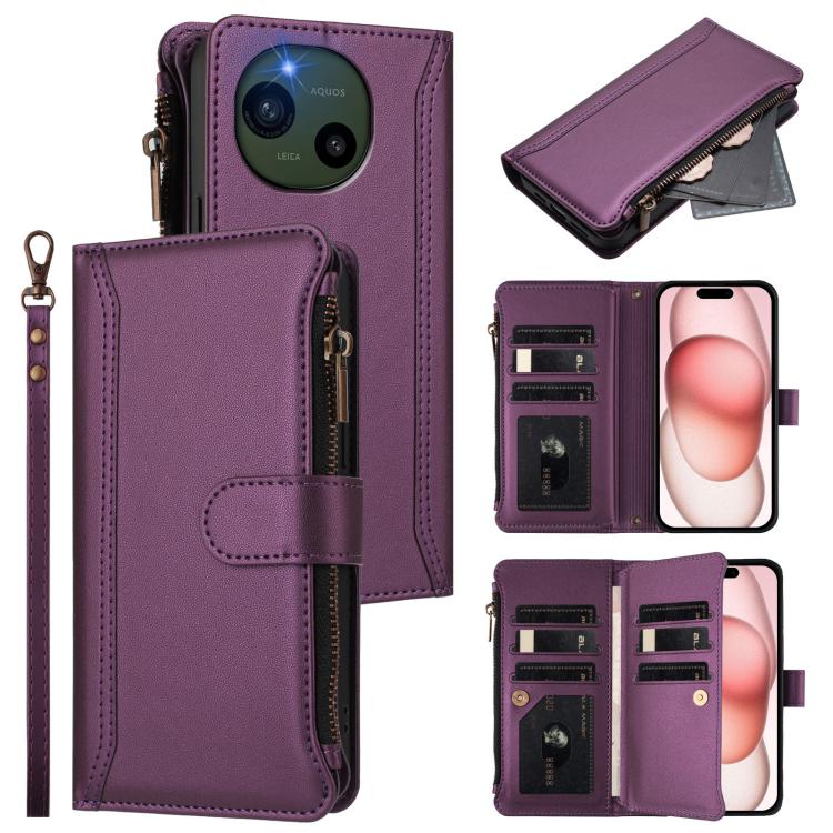 Magnetic Closure 9 Card Slots Zipper Leather Case with Hand Strap, For Sharp Aquos wish6, For Sharp Aquos R11, For Sharp Aquos Sense10, For Sharp Aquos R10, For Sharp Aquos wish5, For Sharp Aquos sense9 Plus, For Sharp Aquos sense9, For Sharp Aquos R9 Pro