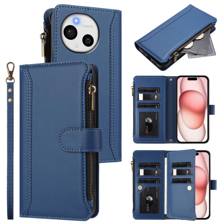 Magnetic Closure 9 Card Slots Zipper Leather Case with Hand Strap, For Sharp Aquos wish6, For Sharp Aquos R11, For Sharp Aquos Sense10, For Sharp Aquos R10, For Sharp Aquos wish5, For Sharp Aquos sense9 Plus, For Sharp Aquos sense9, For Sharp Aquos R9 Pro
