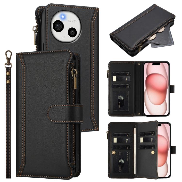 Magnetic Closure 9 Card Slots Zipper Leather Case with Hand Strap, For Sharp Aquos wish6, For Sharp Aquos R11, For Sharp Aquos Sense10, For Sharp Aquos R10, For Sharp Aquos wish5, For Sharp Aquos sense9 Plus, For Sharp Aquos sense9, For Sharp Aquos R9 Pro
