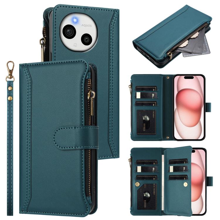 Magnetic Closure 9 Card Slots Zipper Leather Case with Hand Strap, For Sharp Aquos wish6, For Sharp Aquos R11, For Sharp Aquos Sense10, For Sharp Aquos R10, For Sharp Aquos wish5, For Sharp Aquos sense9 Plus, For Sharp Aquos sense9, For Sharp Aquos R9 Pro
