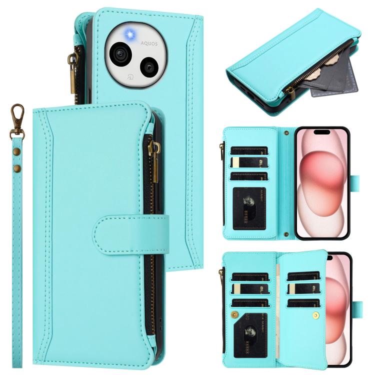 Magnetic Closure 9 Card Slots Zipper Leather Case with Hand Strap, For Sharp Aquos wish6, For Sharp Aquos R11, For Sharp Aquos Sense10, For Sharp Aquos R10, For Sharp Aquos wish5, For Sharp Aquos sense9 Plus, For Sharp Aquos sense9, For Sharp Aquos R9 Pro