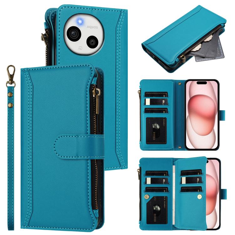 Magnetic Closure 9 Card Slots Zipper Leather Case with Hand Strap, For Sharp Aquos wish6, For Sharp Aquos R11, For Sharp Aquos Sense10, For Sharp Aquos R10, For Sharp Aquos wish5, For Sharp Aquos sense9 Plus, For Sharp Aquos sense9, For Sharp Aquos R9 Pro
