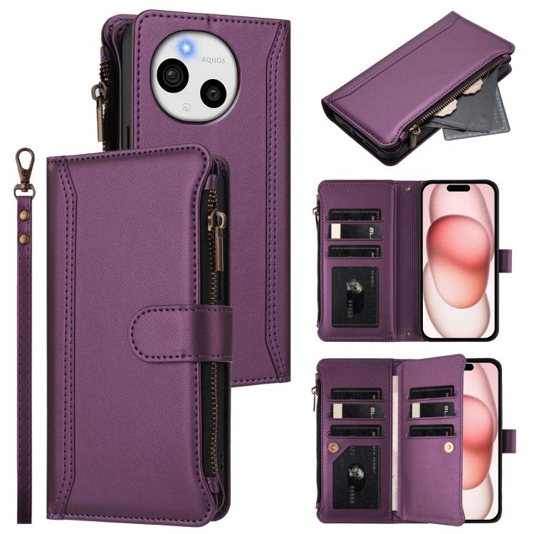 Magnetic Closure 9 Card Slots Zipper Leather Case with Hand Strap, For Sharp Aquos wish6, For Sharp Aquos R11, For Sharp Aquos Sense10, For Sharp Aquos R10, For Sharp Aquos wish5, For Sharp Aquos sense9 Plus, For Sharp Aquos sense9, For Sharp Aquos R9 Pro