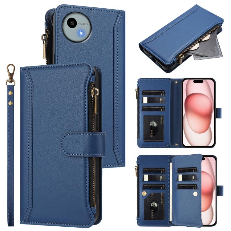 Magnetic Closure 9 Card Slots Zipper Leather Case with Hand Strap, For Sharp Aquos wish4, For Sharp Aquos R9 SH-51E, For Sharp Aquos Sense8 SHG11 / SH-54D, For Sharp Aquos Wish3, For Sharp Aquos R7, For Sharp Aquos Air / zero6, For Sharp Aquos R6