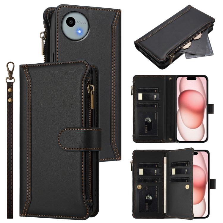 Magnetic Closure 9 Card Slots Zipper Leather Case with Hand Strap, For Sharp Aquos wish4, For Sharp Aquos R9 SH-51E, For Sharp Aquos Sense8 SHG11 / SH-54D, For Sharp Aquos Wish3, For Sharp Aquos R7, For Sharp Aquos Air / zero6, For Sharp Aquos R6
