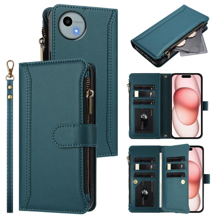 Magnetic Closure 9 Card Slots Zipper Leather Case with Hand Strap, For Sharp Aquos wish4, For Sharp Aquos R9 SH-51E, For Sharp Aquos Sense8 SHG11 / SH-54D, For Sharp Aquos Wish3, For Sharp Aquos R7, For Sharp Aquos Air / zero6, For Sharp Aquos R6