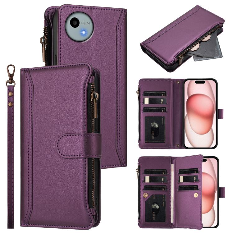 Magnetic Closure 9 Card Slots Zipper Leather Case with Hand Strap, For Sharp Aquos wish4, For Sharp Aquos R9 SH-51E, For Sharp Aquos Sense8 SHG11 / SH-54D, For Sharp Aquos Wish3, For Sharp Aquos R7, For Sharp Aquos Air / zero6, For Sharp Aquos R6