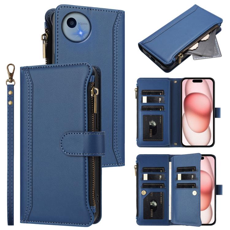 Magnetic Closure 9 Card Slots Zipper Leather Case with Hand Strap, For Sharp Aquos wish6, For Sharp Aquos R11, For Sharp Aquos Sense10, For Sharp Aquos R10, For Sharp Aquos wish5, For Sharp Aquos sense9 Plus, For Sharp Aquos sense9, For Sharp Aquos R9 Pro