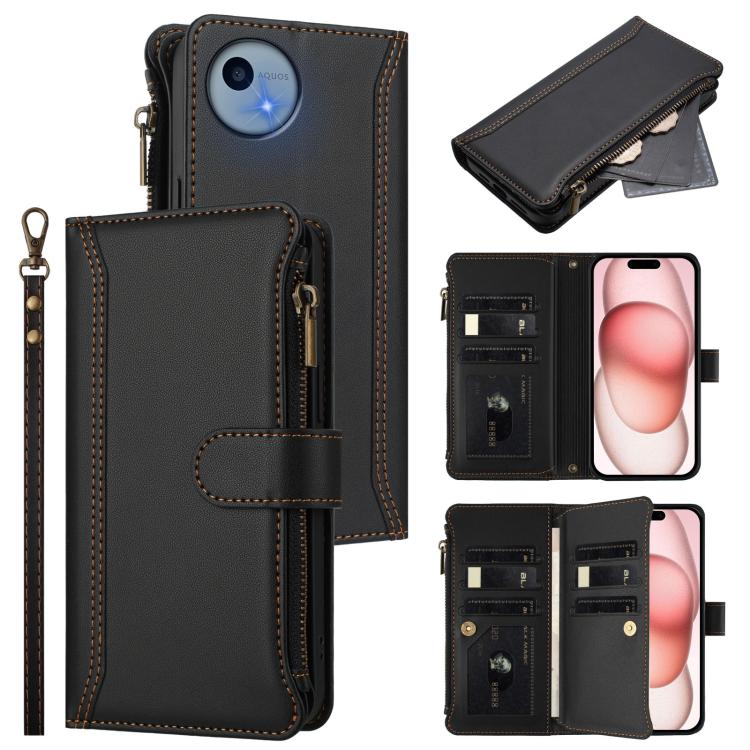 Magnetic Closure 9 Card Slots Zipper Leather Case with Hand Strap, For Sharp Aquos wish6, For Sharp Aquos R11, For Sharp Aquos Sense10, For Sharp Aquos R10, For Sharp Aquos wish5, For Sharp Aquos sense9 Plus, For Sharp Aquos sense9, For Sharp Aquos R9 Pro
