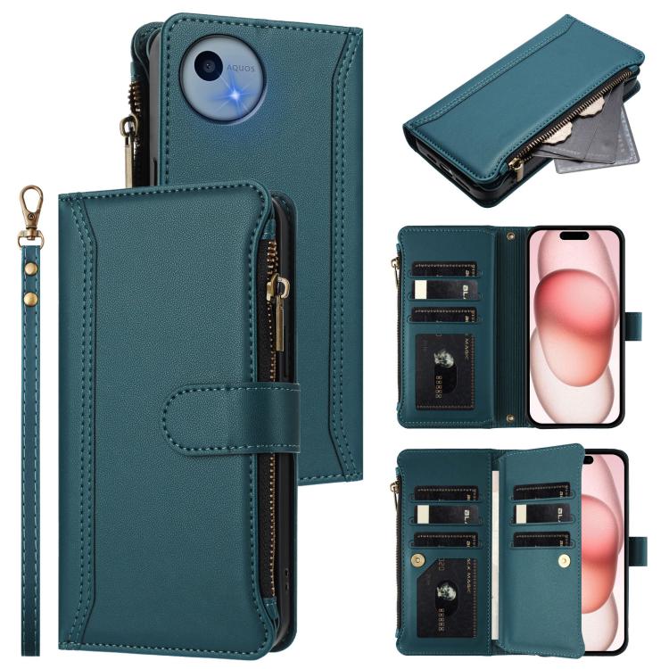 Magnetic Closure 9 Card Slots Zipper Leather Case with Hand Strap, For Sharp Aquos wish6, For Sharp Aquos R11, For Sharp Aquos Sense10, For Sharp Aquos R10, For Sharp Aquos wish5, For Sharp Aquos sense9 Plus, For Sharp Aquos sense9, For Sharp Aquos R9 Pro