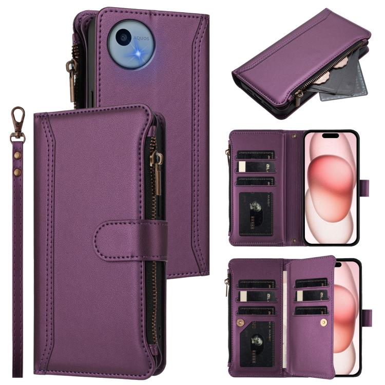 Magnetic Closure 9 Card Slots Zipper Leather Case with Hand Strap, For Sharp Aquos wish6, For Sharp Aquos R11, For Sharp Aquos Sense10, For Sharp Aquos R10, For Sharp Aquos wish5, For Sharp Aquos sense9 Plus, For Sharp Aquos sense9, For Sharp Aquos R9 Pro