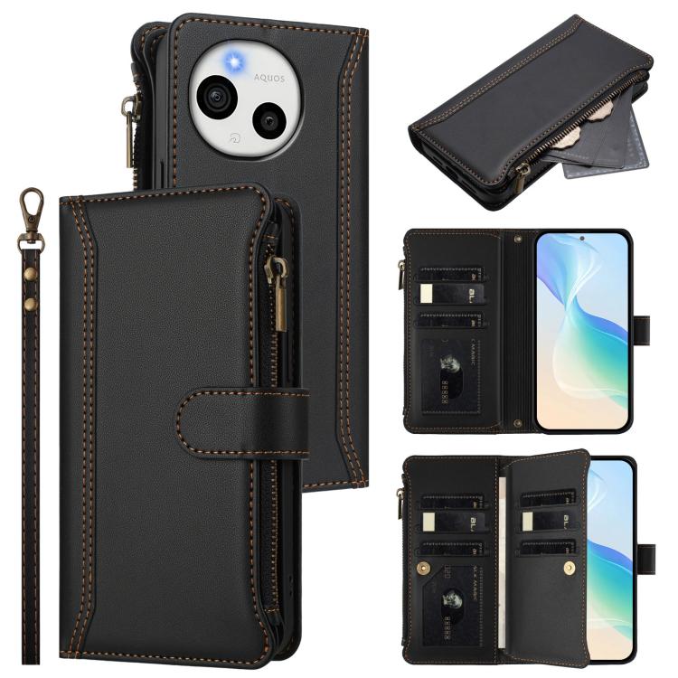 Magnetic Closure 9 Card Slots Zipper Leather Case with Hand Strap, For Sharp Aquos wish6, For Sharp Aquos R11, For Sharp Aquos Sense10, For Sharp Aquos R10, For Sharp Aquos wish5, For Sharp Aquos sense9 Plus, For Sharp Aquos sense9, For Sharp Aquos R9 Pro