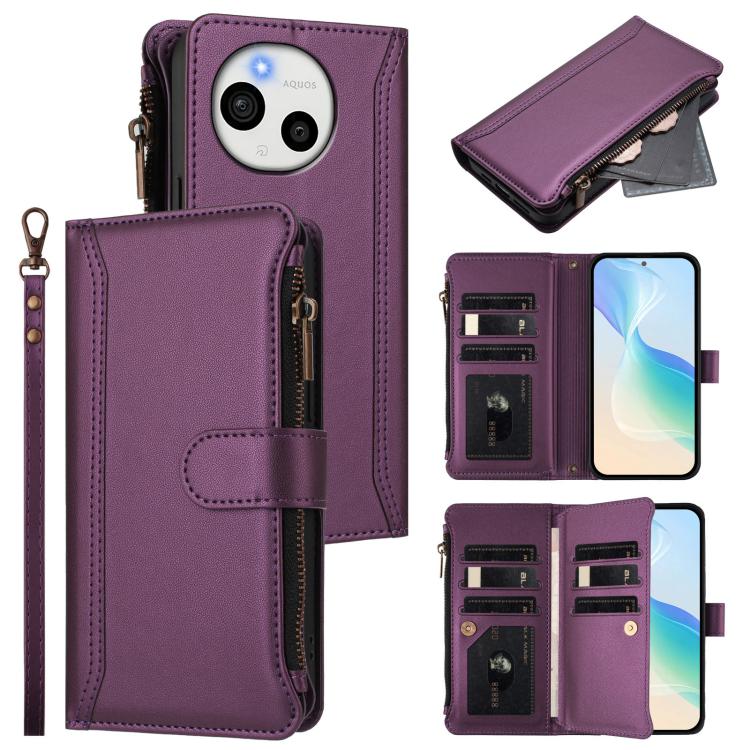 Magnetic Closure 9 Card Slots Zipper Leather Case with Hand Strap, For Sharp Aquos wish6, For Sharp Aquos R11, For Sharp Aquos Sense10, For Sharp Aquos R10, For Sharp Aquos wish5, For Sharp Aquos sense9 Plus, For Sharp Aquos sense9, For Sharp Aquos R9 Pro