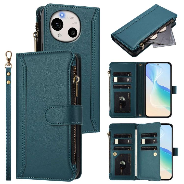Magnetic Closure 9 Card Slots Zipper Leather Case with Hand Strap, For Sharp Aquos wish6, For Sharp Aquos R11, For Sharp Aquos Sense10, For Sharp Aquos R10, For Sharp Aquos wish5, For Sharp Aquos sense9 Plus, For Sharp Aquos sense9, For Sharp Aquos R9 Pro