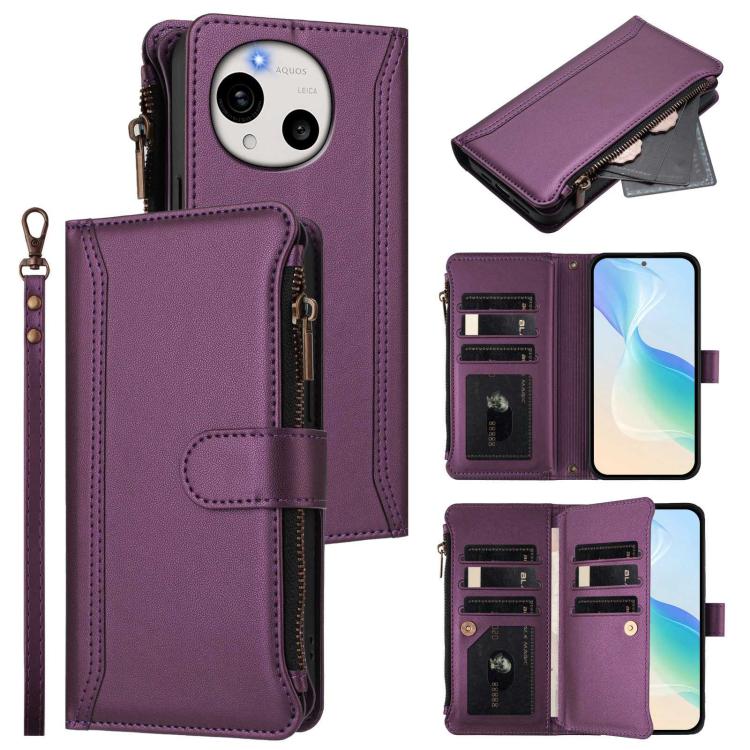 Magnetic Closure 9 Card Slots Zipper Leather Case with Hand Strap, For Sharp Aquos wish6, For Sharp Aquos R11, For Sharp Aquos Sense10, For Sharp Aquos R10, For Sharp Aquos wish5, For Sharp Aquos sense9 Plus, For Sharp Aquos sense9, For Sharp Aquos R9 Pro