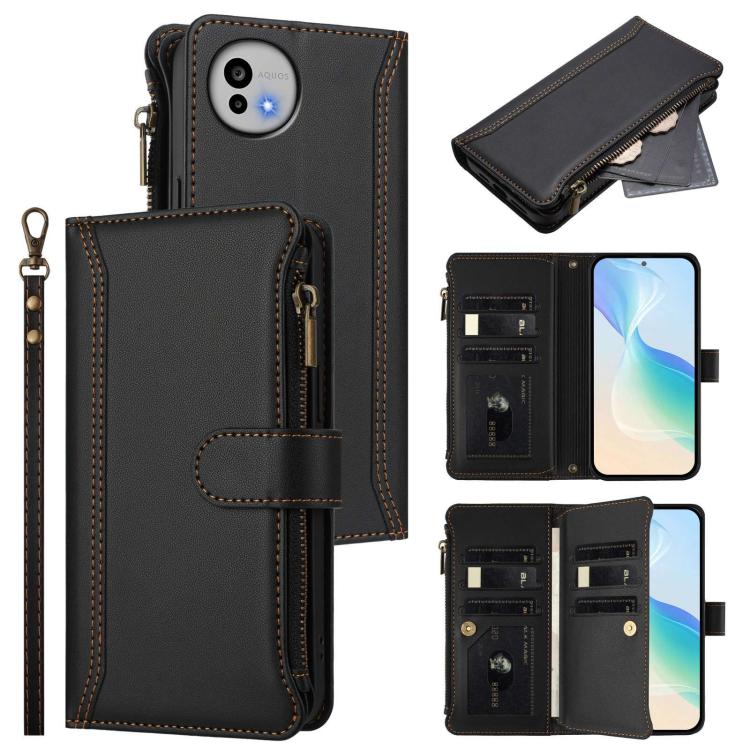 Magnetic Closure 9 Card Slots Zipper Leather Case with Hand Strap, For Sharp Aquos wish6, For Sharp Aquos R11, For Sharp Aquos Sense10, For Sharp Aquos R10, For Sharp Aquos wish5, For Sharp Aquos sense9 Plus, For Sharp Aquos sense9, For Sharp Aquos R9 Pro