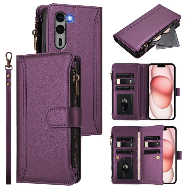 Magnetic Closure 9 Card Slots Zipper Leather Case with Hand Strap, For Fujitsu Arrows We3, For Fujitsu Arrows We2, For Fujitsu Arrows We2 Plus, For Fujitsu Arrows F-01L / F-42A
