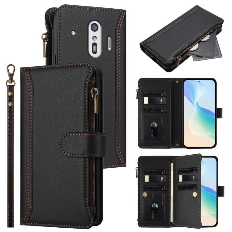Magnetic Closure 9 Card Slots Zipper Leather Case with Hand Strap, For Fujitsu Arrows We3, For Fujitsu Arrows We2, For Fujitsu Arrows We2 Plus, For Fujitsu Arrows F-01L / F-42A