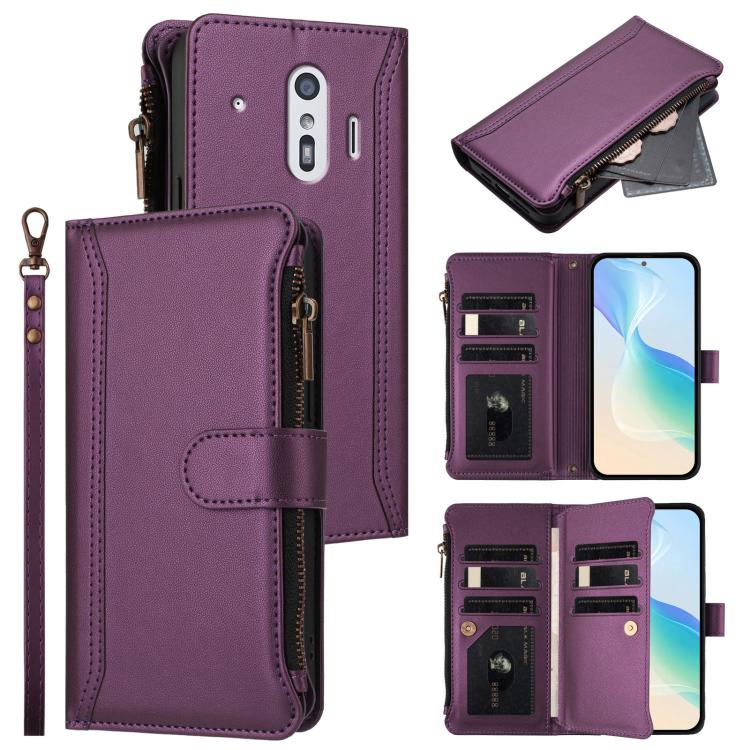 Magnetic Closure 9 Card Slots Zipper Leather Case with Hand Strap, For Fujitsu Arrows We3, For Fujitsu Arrows We2, For Fujitsu Arrows We2 Plus, For Fujitsu Arrows F-01L / F-42A